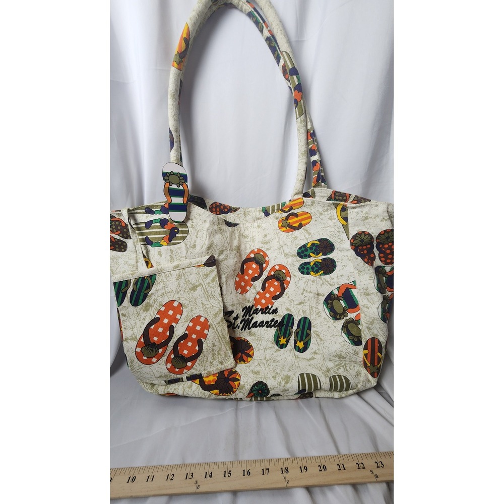 St Martin St Maarten Flip Flop Canvas Beach Tote Bag with Matching Pouch White